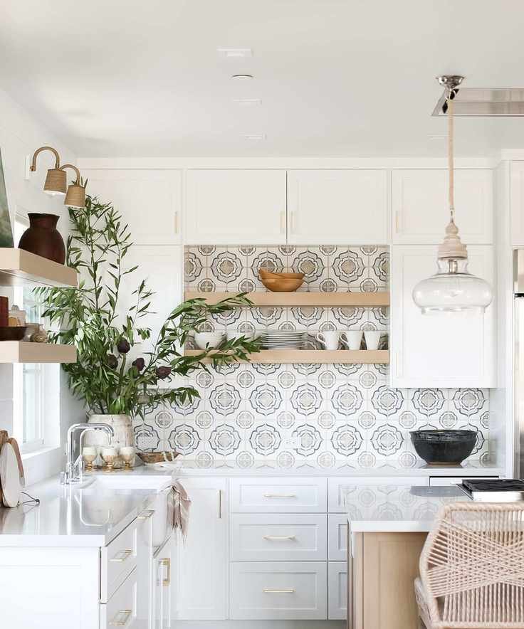coastal farmhouse neutral kitchen with natural woven details