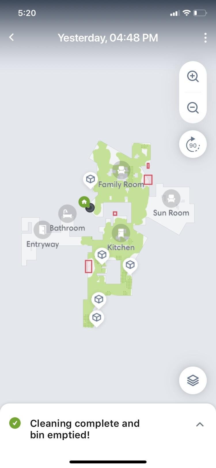 Screenshot of the iRobot Home app showing areas in Jaclyn's home that the iRobot Roomba j7+ has and hasn't cleaned