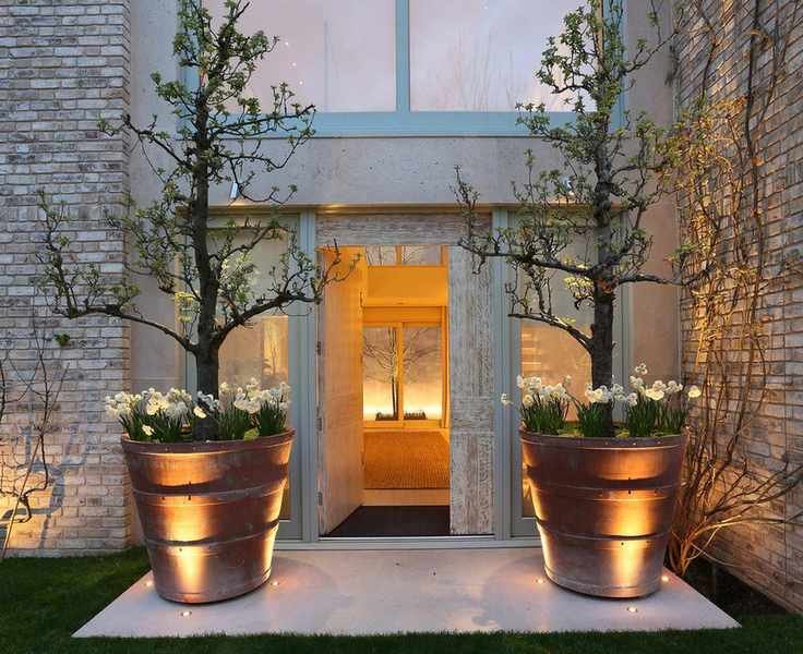 A front porch with large plant pots containing small trees with uplights