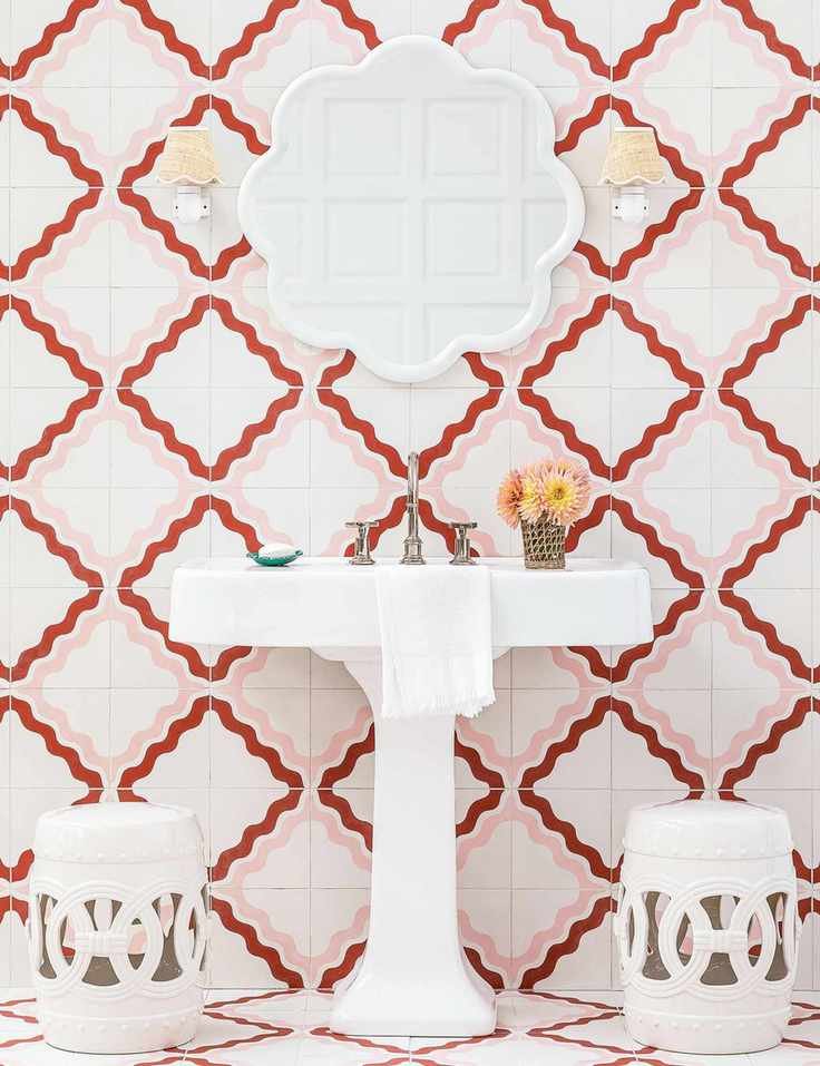 Pink bathroom with tiled wall and white fittings