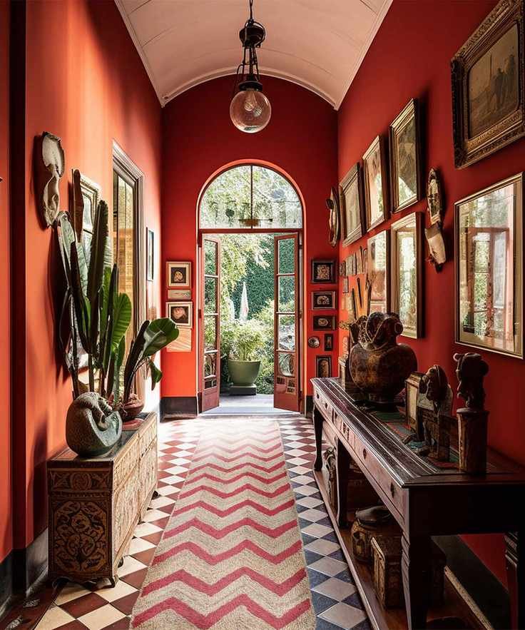Red hallway with striped runner and plants