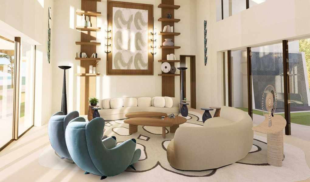 A side-by-side composition. On the left, a portrait of designer Lucy Goldbart standing in a stylish interior. On the right, a vertical view of a luxury living room featuring soaring ceilings with a woven texture, a large central art piece, and sculptural furniture in soft cream and bold teal tones.