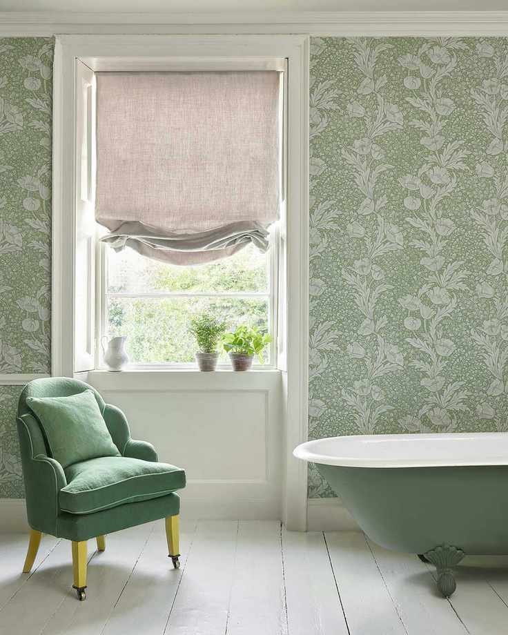 Liberty Fabrics Tudor Poppy in Fern in a bathroom