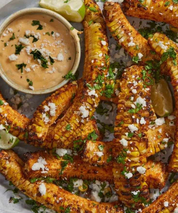 Corn ribs cooked on a grill, seasoned and serves with lime, cilantro, and sauce