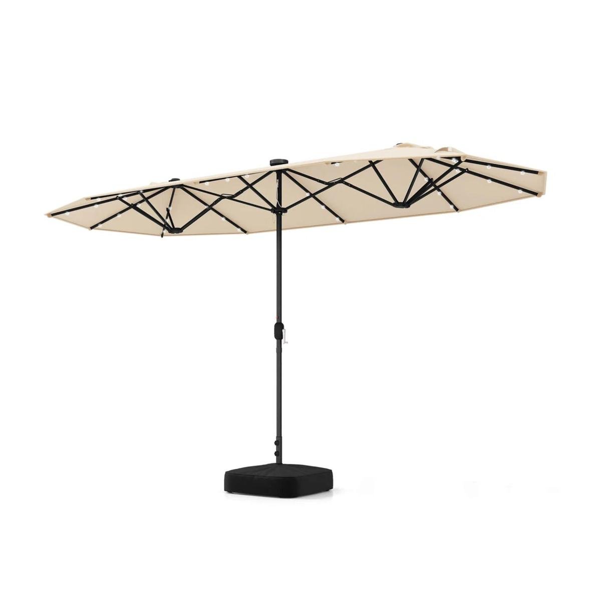 A rectangular beige parasol with a black frame and lights underneath it