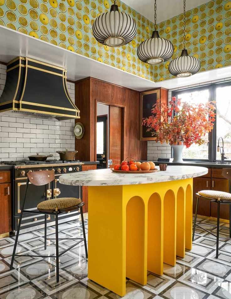 Retro kitchen with yellow island