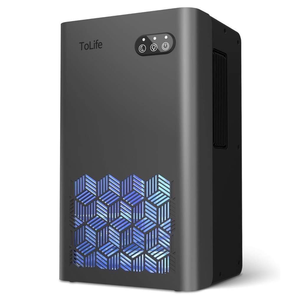 Black dehumidifier with repeating geometric cube blue pattern on the lower front side and three buttons for operation at the top right