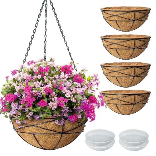 Karlliu 4 Pack 12 Inch Hanging Planters for Outdoor Plants Metal Watering Flower Baskets With Coco Liner for Hanging Pot Round Plant Holders Planter for Outside Garden Decoration