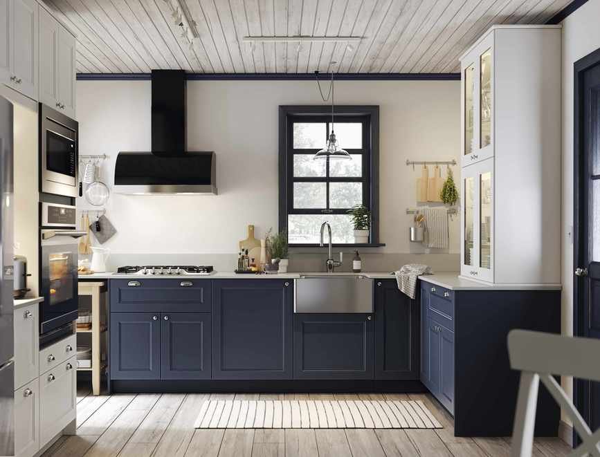 Blue base cabinets white walls