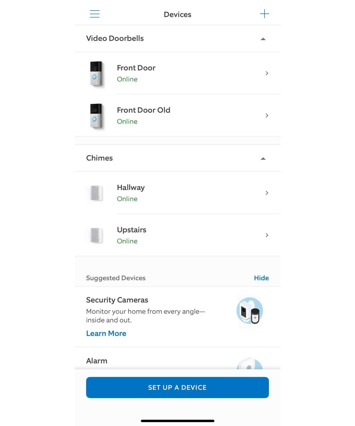 A screenshot of the 'Devices' settings on the Ring doorbell app