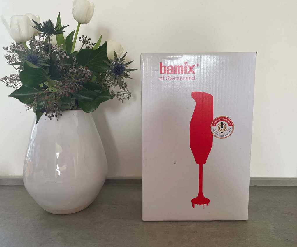 Bamix immersion blender box by a vase of flowers