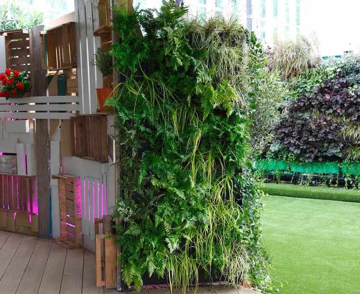 A living wall alongside colorful crates