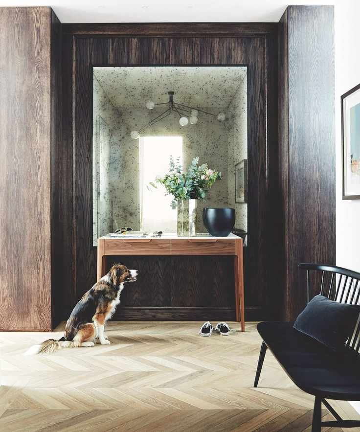 Modern hallway with wood paneling