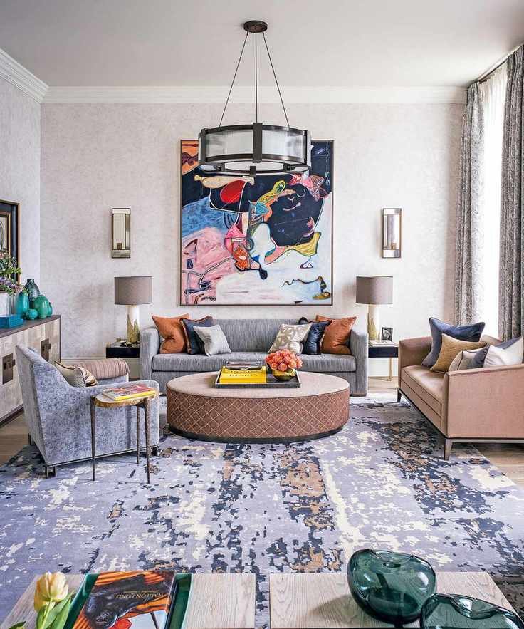 Living room with deep blue rug