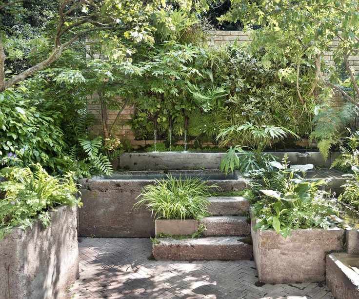 Shade courtyard garden with ferns and water features