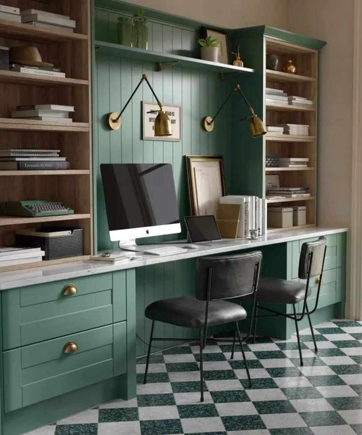Green multi-purpose office desk with shelving, drawers, and built-in lamps