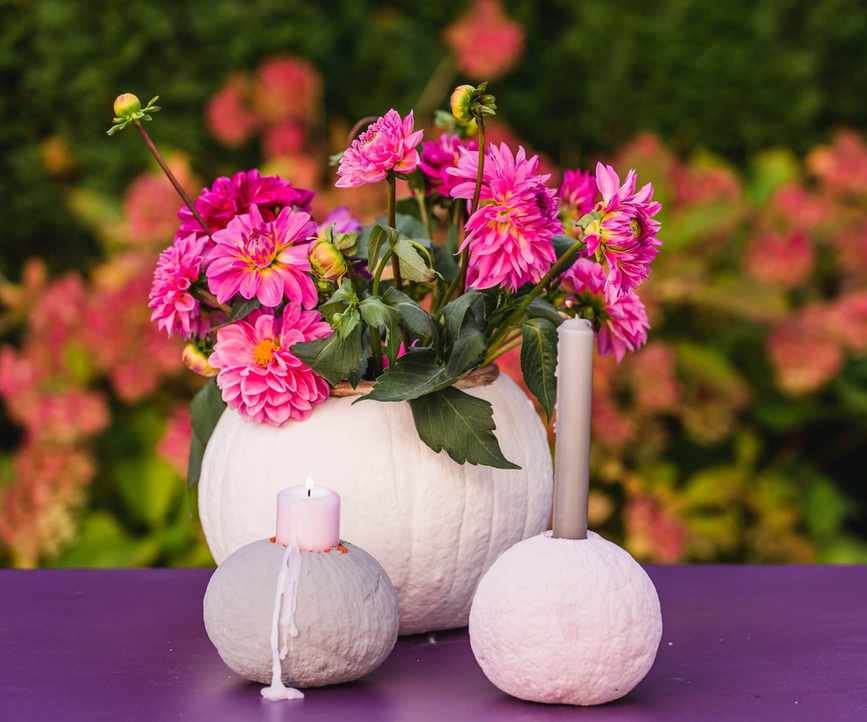 Pumpkin planter with chrysanthemums