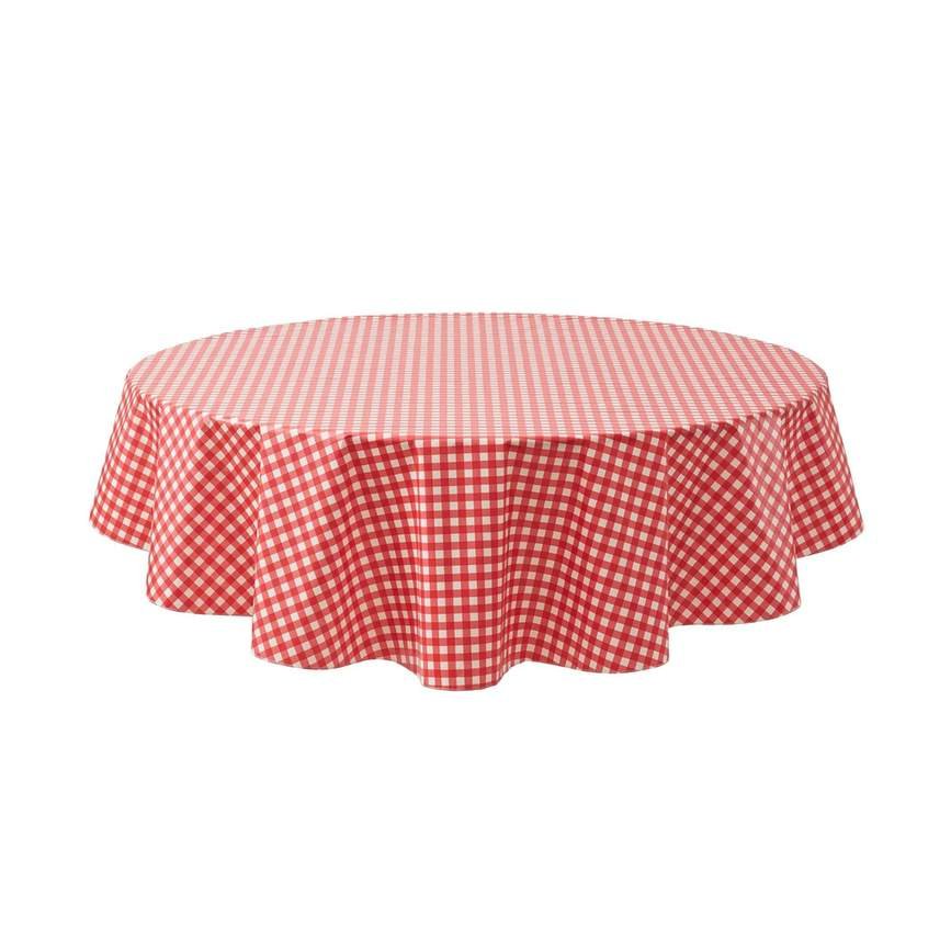 A round red and white gingham tablecloth