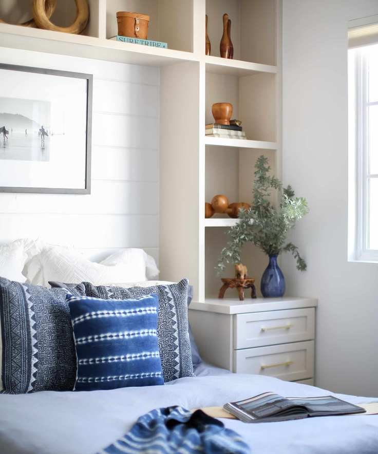 coastal farmhouse blue and neutral bedroom