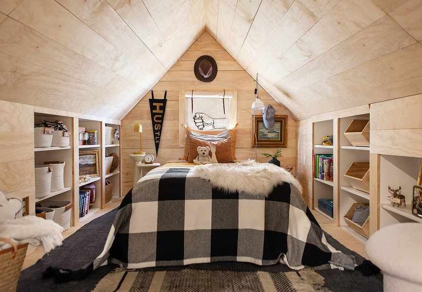 plywood kids bedroom in loft, built in storage, black and white scheme, side tables, artwork, toys, toy storage ideas