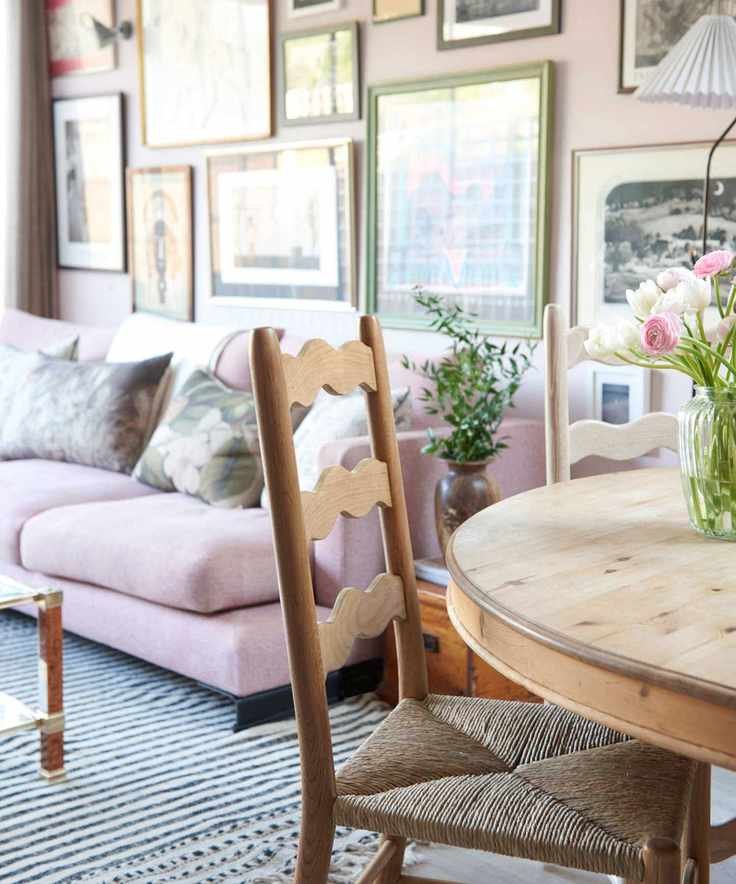Sascal Studio wooden dining chair with wooden table and pink sofa