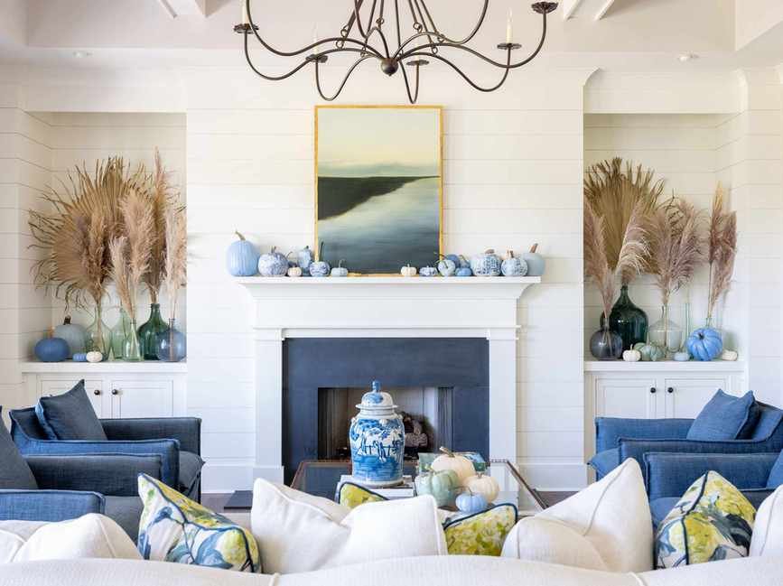 Living room with blue painted pumpkins