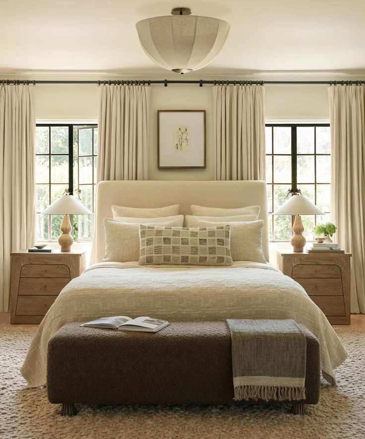 clean girl minimalist modern organic bedroom with neutral tones and wooden nightstands
