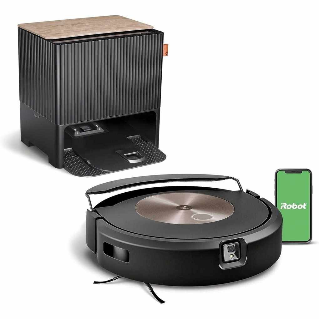 iRobot Roomba Combo j9+ Robot Vacuum and Mop, cleaning base and smartphone displaying the text 'iRobot' on green background, all on a white background