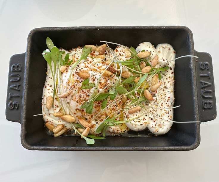 Baked Turkish eggs in a small Staub Cast-Iron Rectangular Roasting Dish