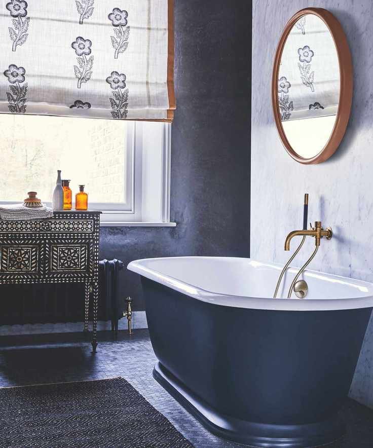 A blue bathroom with a blue painted bathtub