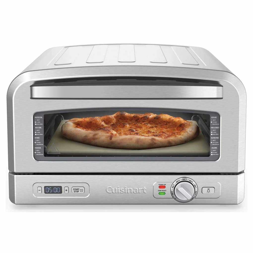 A Cuisinart Indoor Pizza Oven cooking a cheese pizza on a white background