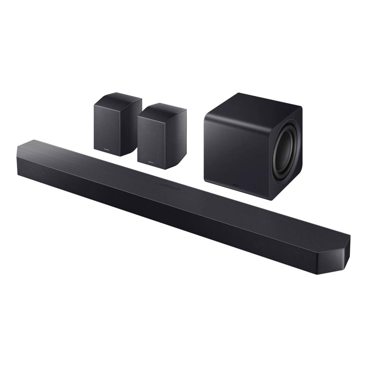 Samsung HW-Q990F soundbar, subwoofer and two rear speakers against white background.