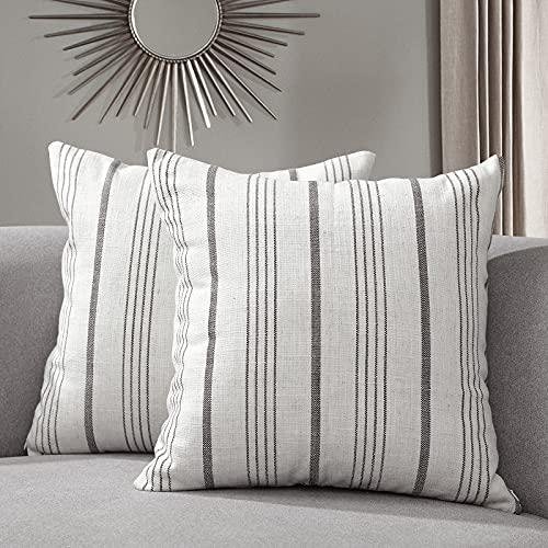 Sunlit Decorative Farmhouse Throw Pillow Case, Cover Only, Set of 2 Cream/off-White With Charcoal Stripes Square Pillow Cover, 18" X 18", Textured Linen Throw Cushion Covers