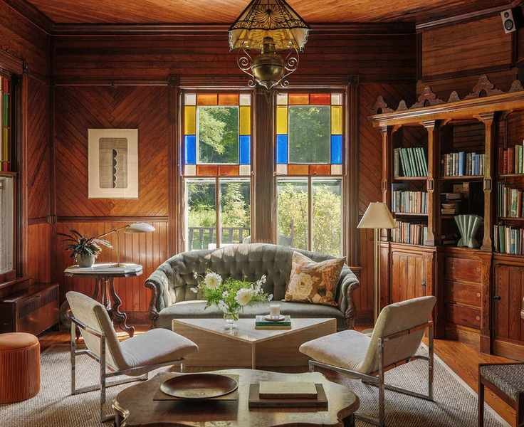 Living room with dark wooden accents