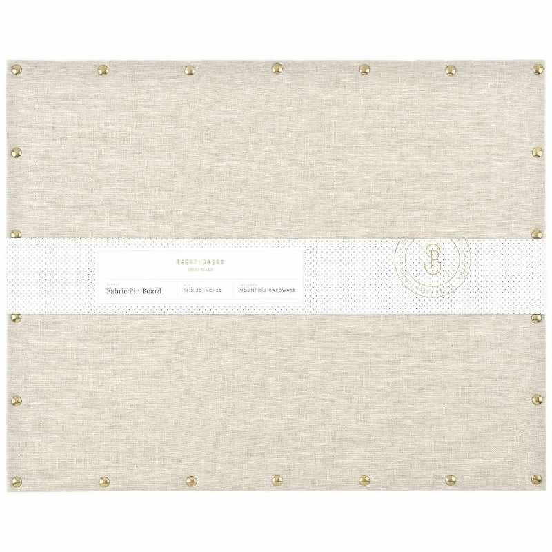A cream fabric covered rectangular pin board.