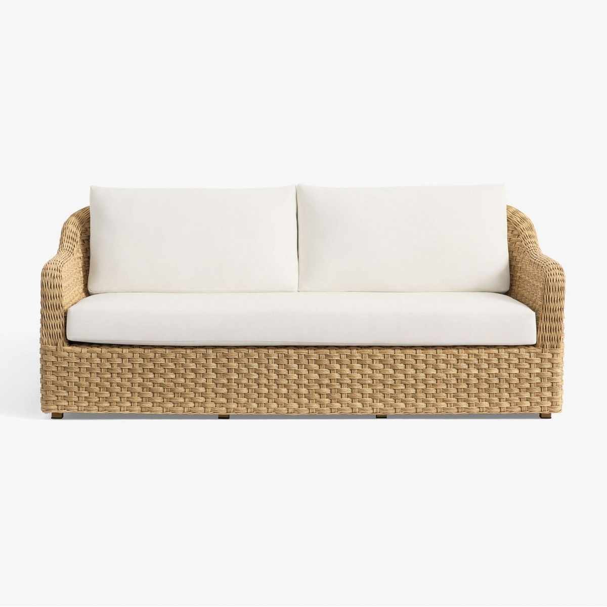 Rattan two-seater outdoor sofa with white cushions