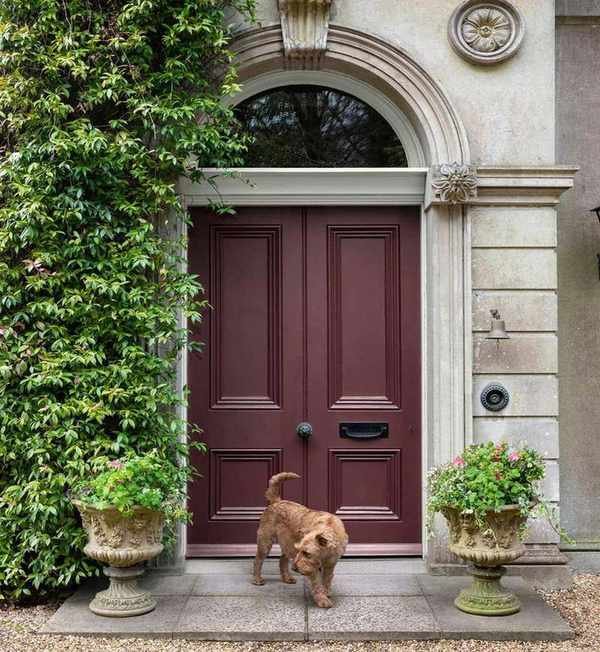 gloss red front door with dog