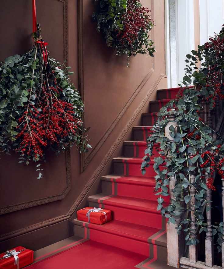 Red carpet, red berries and green plants