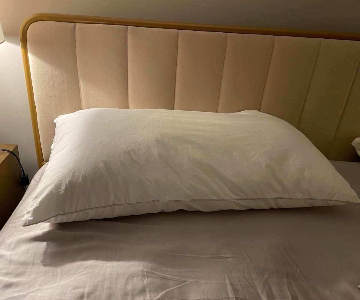 Sleep Number PlushComfort Classic Pillow on a bed.