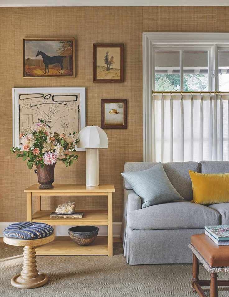 Living room with beige grasscloth walls
