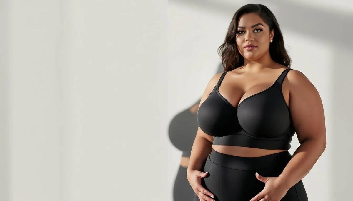 Demonstration of how to wear plus size bras to minimize back fat.