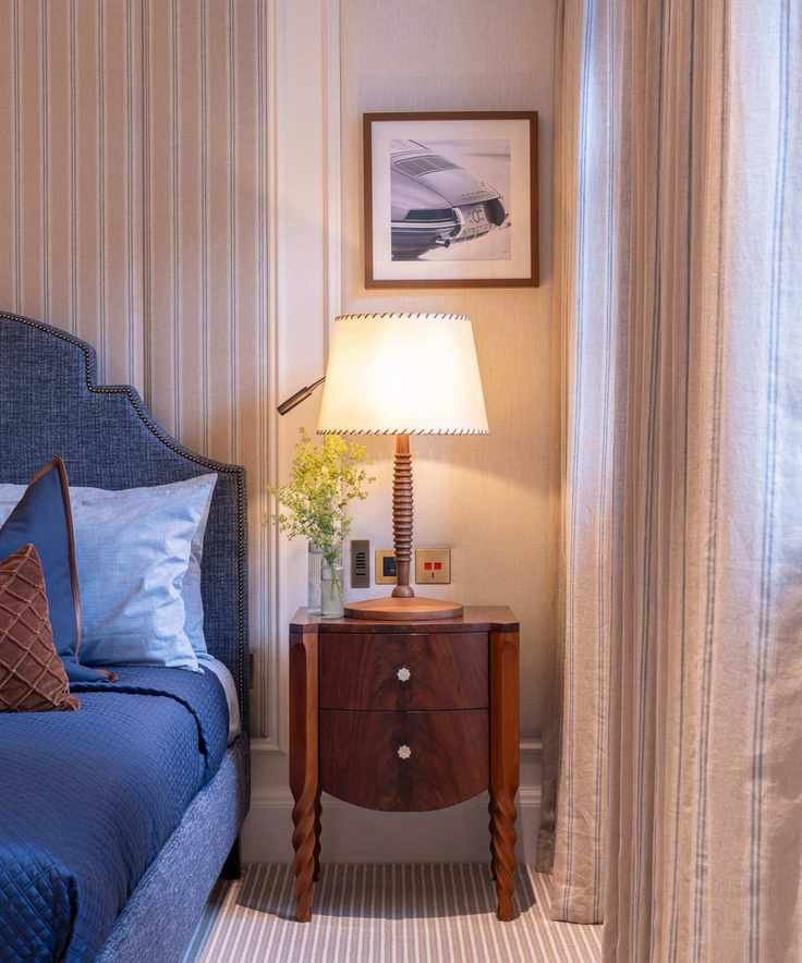 Lamp shade on nightstand in classic bedroom with blue textiles