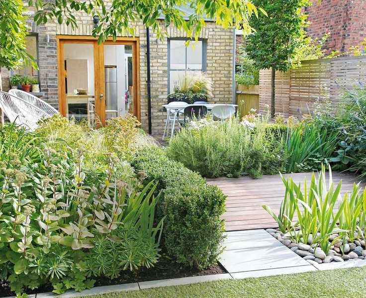 decked patio with planted areas and stone border