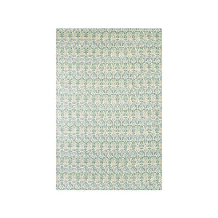 A yellow, blue, and green bluebell-patterned rectangular tablecloth