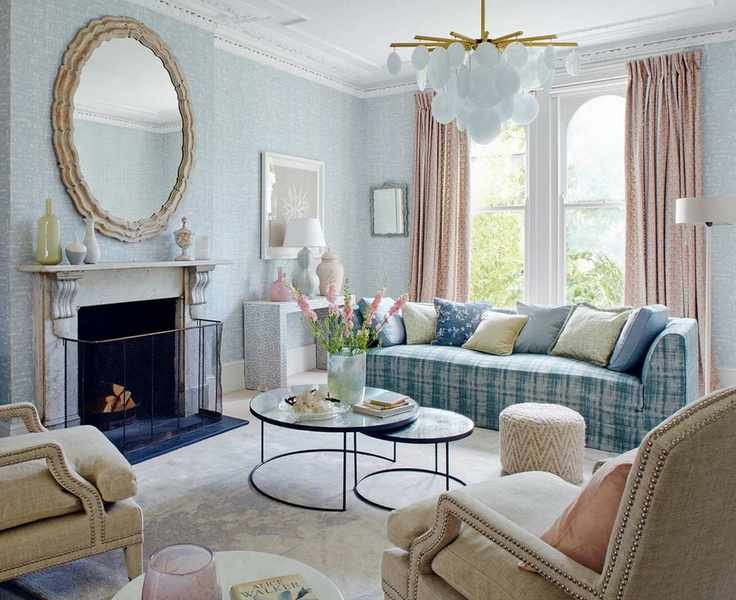 Living room chandelier ideas with a gold chandelier with pale blue shell