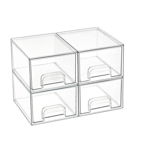 Vtopmart 4 Pack Small Clear Stackable Storage Drawers,acrylic Bathroom Makeup Organizer,plastic Storage Bins for Vanity, Undersink, Kitchen Cabinets, Pantry, Home Organization