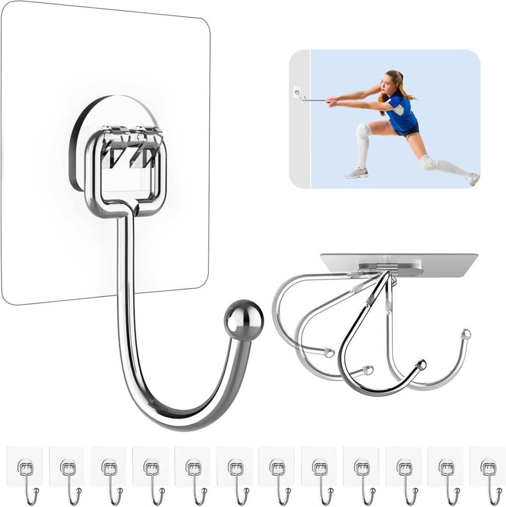 Strjobaili 12 Pack Large Adhesive Hooks for 44 Lb(max) Hanging Heavy Duty, Self Adhesive Sticky Hooks Waterproof Stainless Steel Wall Hook for Home Bathroom Shower Kitchen Outdoor Utility Hooks