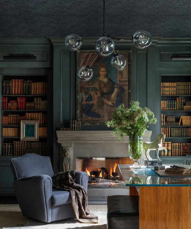 Bright library with comfortable seating and decorative elements.