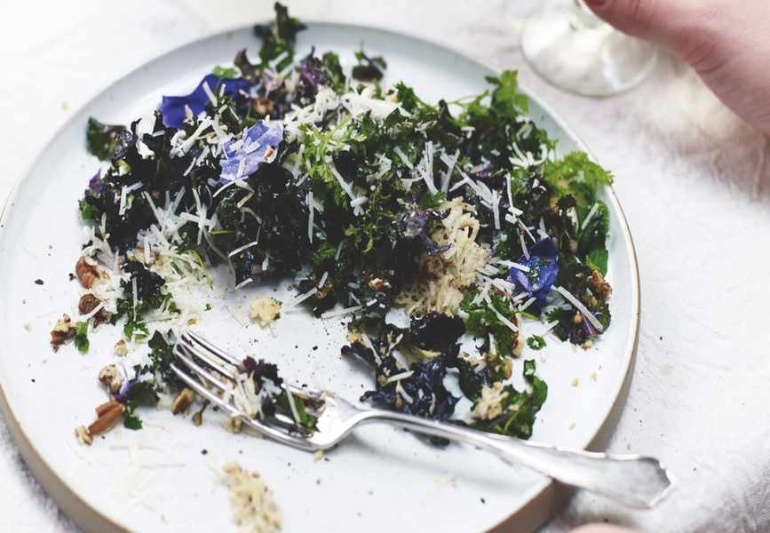 Delicious Caesar-Style Salad with Baby Kale, Herbs, and Pecorino Crisps