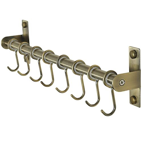 Dseap Kitchen Utensil Holder Hanger, Pot and Pan Rack Wall Mount, Kitchen Rail With 8 Hooks for Hanging Cooking Utensils, Mugs, Spoons, Wall Mounted, Stainless Steel, Bronze
